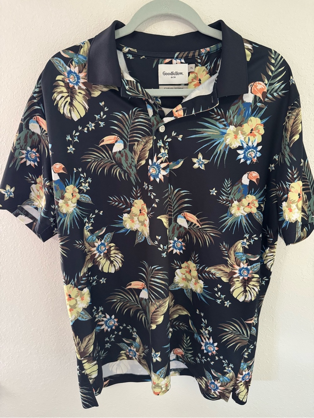 Goodfellow & Co Black Tropical Floral Toucan Polo Size XL